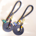 two Greenwich Yarn customised rope leads in midnight blue rope and detailed to your specifications