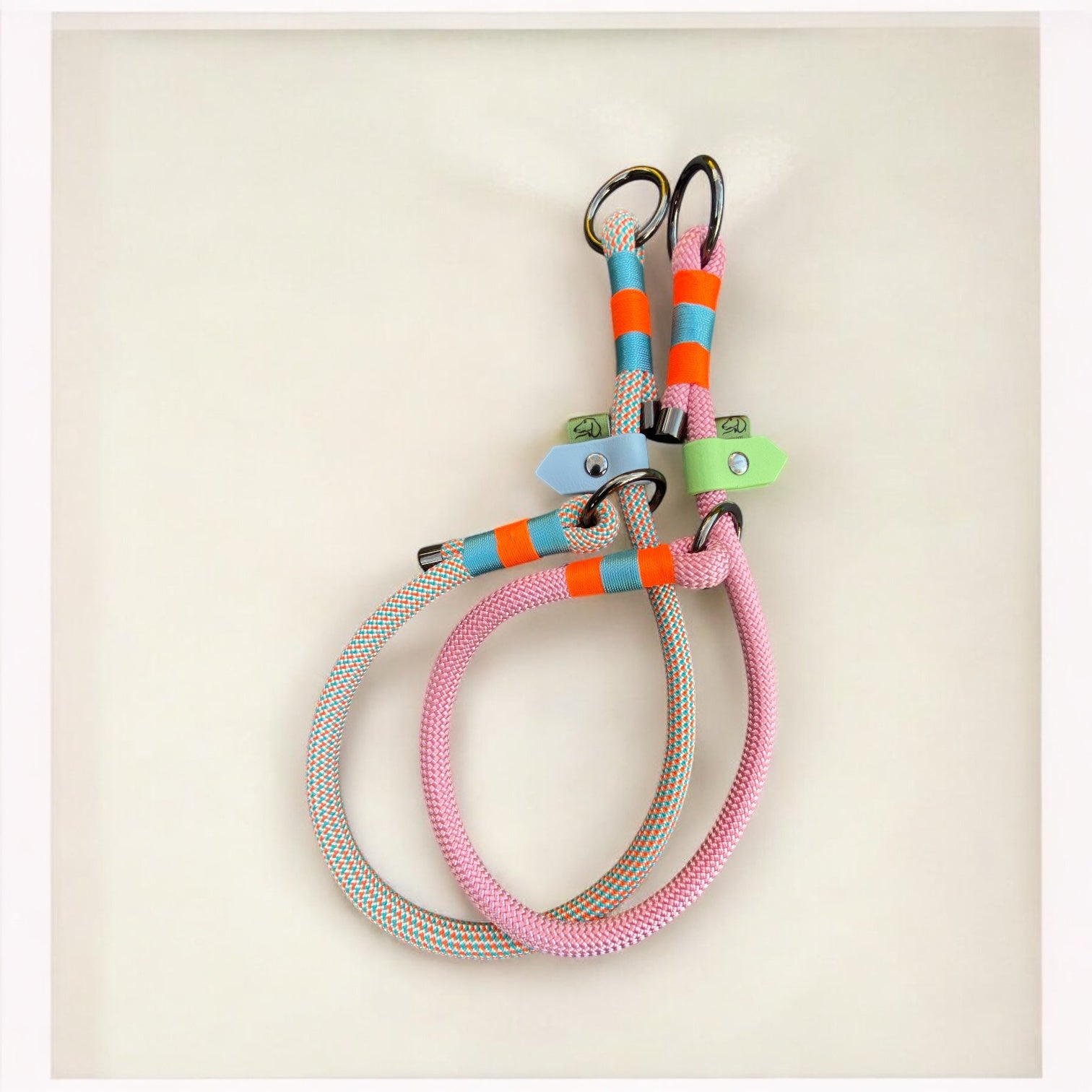 two greenwich yarn slip dog collars customisable and detailed in summer colours