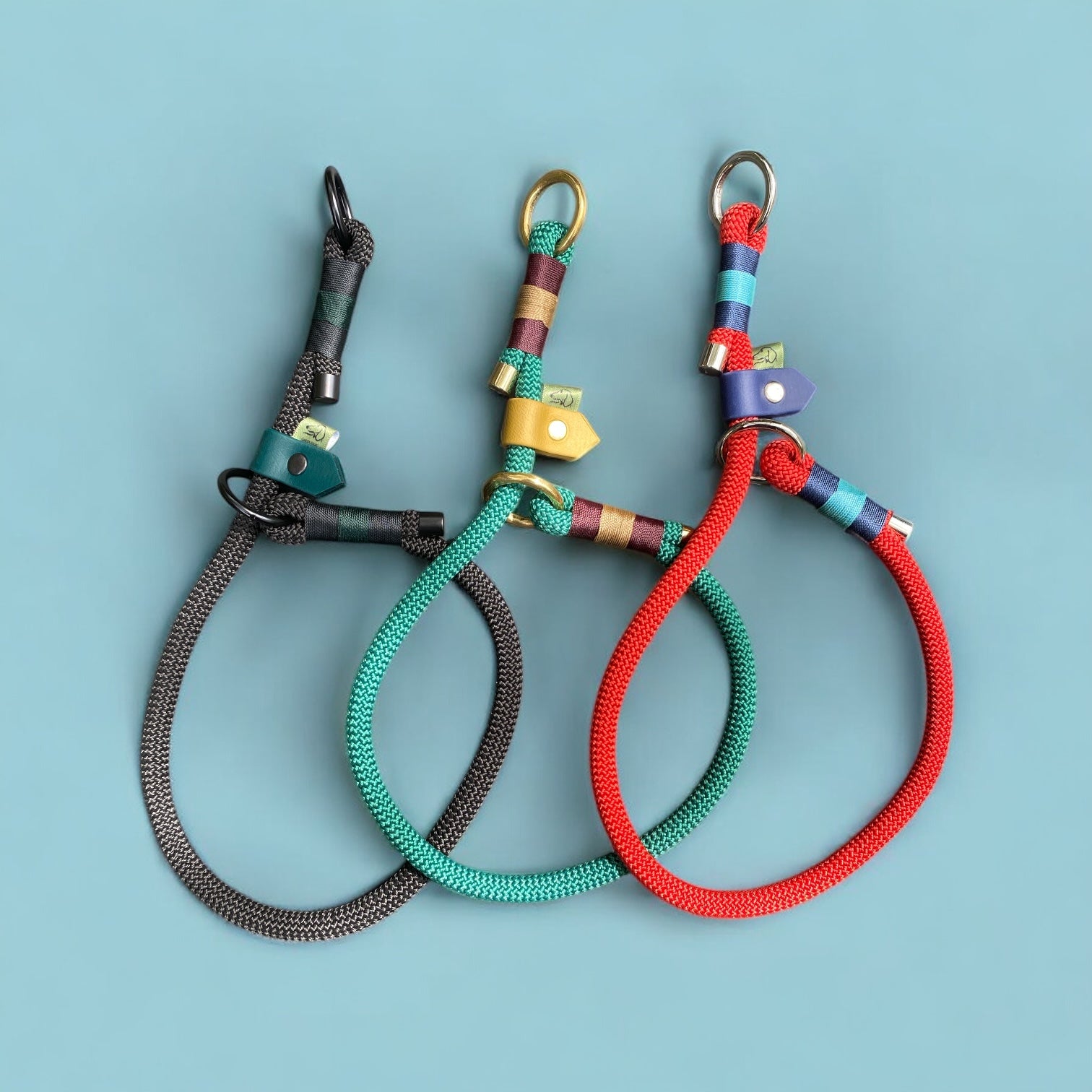 three Greenwich Yarn Slip Dog Collars customised to suit any occasion.