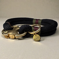 The Midnight edition of the greenwich yarn rope dog collar with brass sailing shackle clasp, olive drab and maroon binding for detail