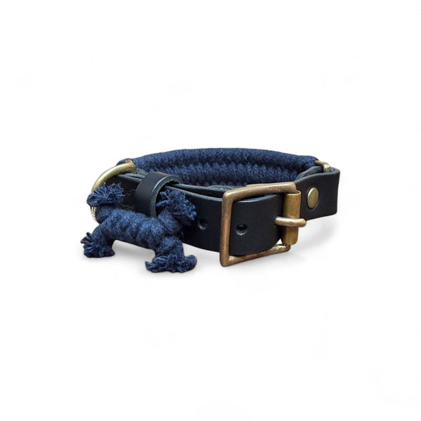 Midnight Mill – Midnight Navy Handmade Leather Woven Dog Collar - Green Dog