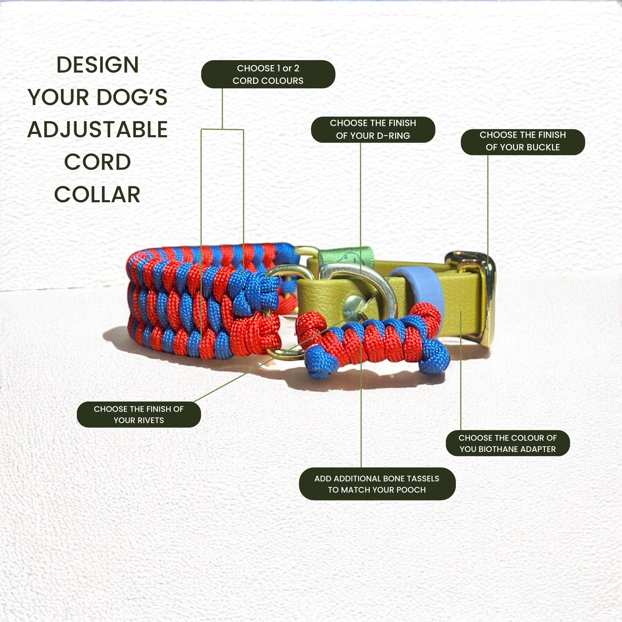 Personalised Cord Dog Collar with BioThane® Adjustable Adapter | Custom Dog Collar - Green Dog