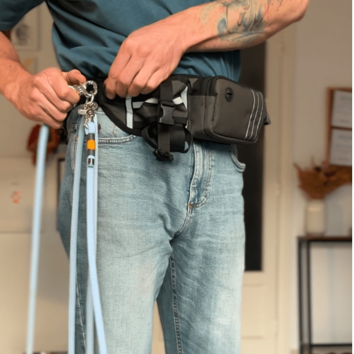 Life Like Charlie’s dog wearing the Monkey Blue Greenwich Yarn handsfree adjustable dog lead, featuring gold BioThane slider and nickel hardware.