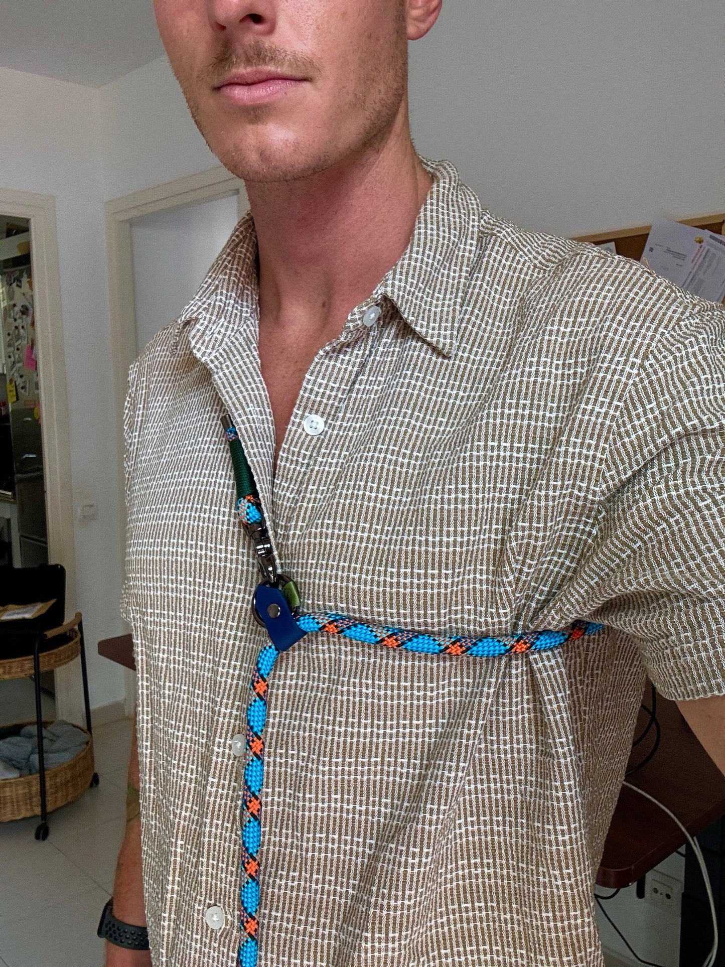 Life Like Charlie’s dog wearing the Monkey Blue Summer Edition handsfree adjustable dog lead, designed with navy blue slider and gun-metal hardware.