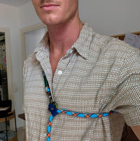 Life Like Charlie’s dog wearing the Monkey Blue Summer Edition handsfree adjustable dog lead, designed with navy blue slider and gun-metal hardware.