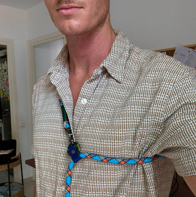 Life Like Charlie’s dog wearing the Monkey Blue Summer Edition handsfree adjustable dog lead, designed with navy blue slider and gun-metal hardware.