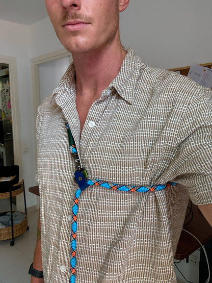 Life Like Charlie’s dog wearing the Monkey Blue Summer Edition handsfree adjustable dog lead, designed with navy blue slider and gun-metal hardware.