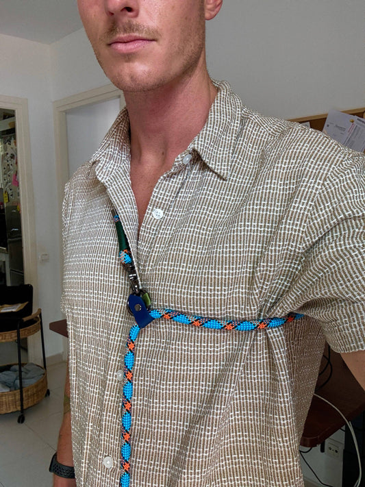 Life Like Charlie’s dog wearing the Monkey Blue Summer Edition handsfree adjustable dog lead, designed with navy blue slider and gun-metal hardware.