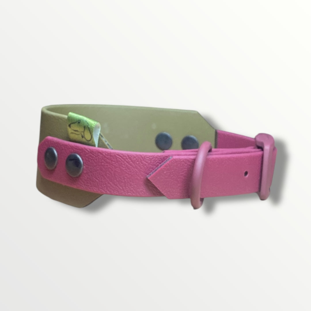 Cotswold Rambler Sighthound Collar in Military Green with Maroon adjustable strap and maroon silicone-coated hardware and black rivets.