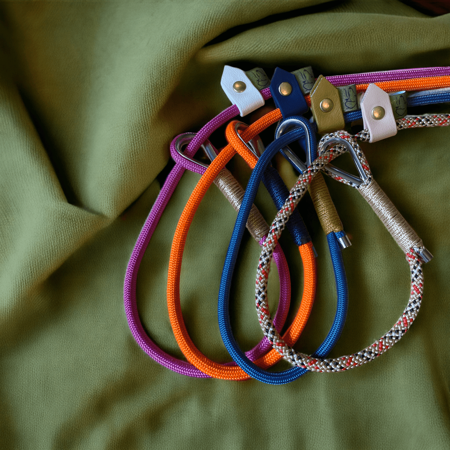 Selection of multiple Strand Slip Leads showcasing different colour combinations and lengths for dogs.