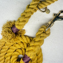 Mustard Yellow Cotton braided rope dog lead close up with brass hardware and brown binding on a light woollen background