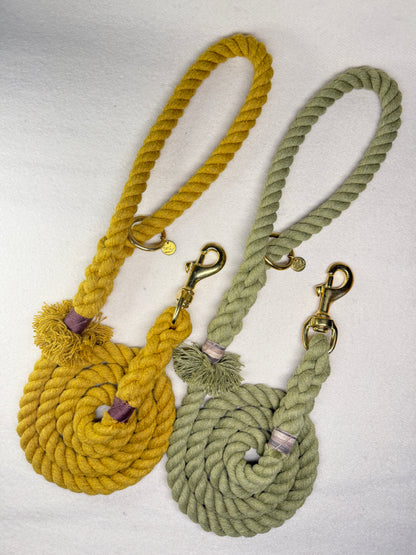 Mustard Yellow and Olive Green Cotton braided rope dog leashes with brass hardware on a light woollen background