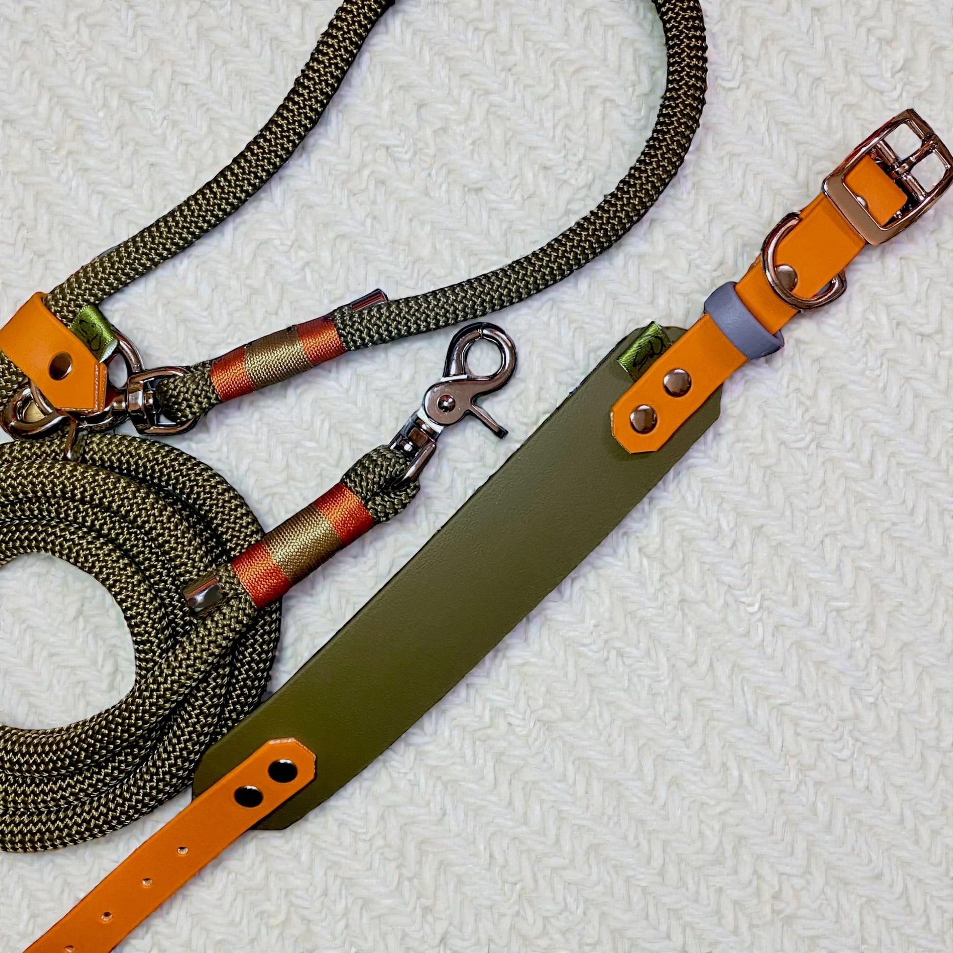 Nala Green Set. A Hands-free Greenwich Yarn Adjustable Rope Dog Lead with the Nala Green BioThane Sighthound Dog Collar