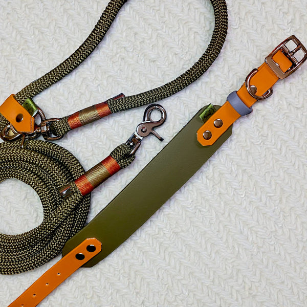 Nala Green Set. A Hands-free Greenwich Yarn Adjustable Rope Dog Lead with the Nala Green BioThane Sighthound Dog Collar