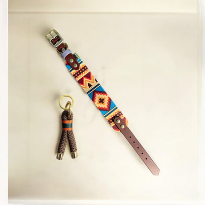 An image of the Nala Tribe Dog Collar next to the matching Greenwich Yarn Keychain