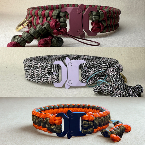 Three customised variations of the non-adjustable Paracord dog collar with safe lock buckles
