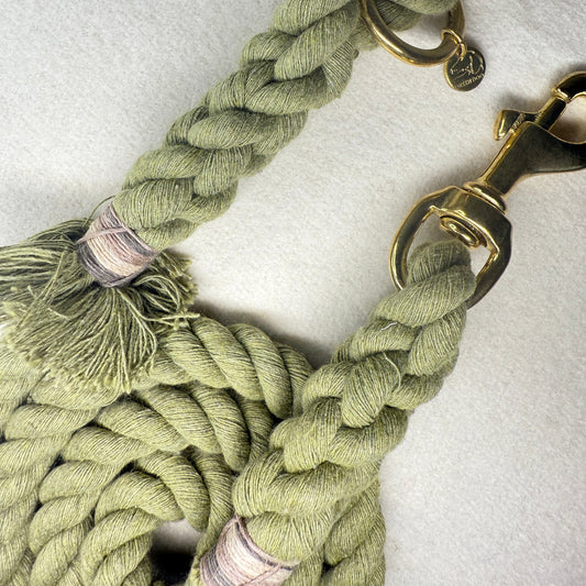 Olive Green Cotton braided rope dog lead with brass hardware on a light woollen background