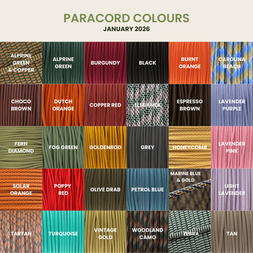 Colour chart showing the paracord colour options available for Green Dog bone tassels, collars and leads