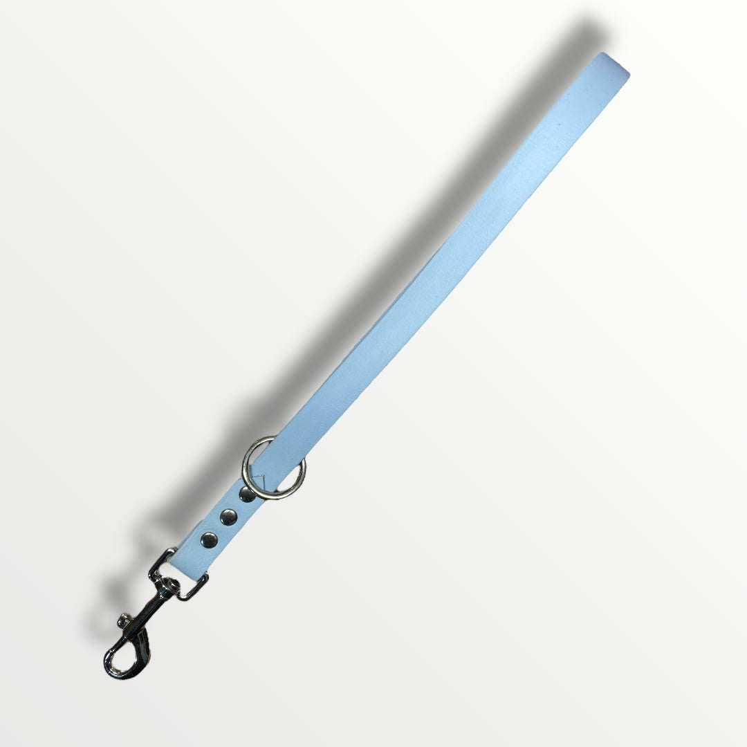 A pastel blue BioThane short training lead with nickel hardware, providing close control for large dogs.