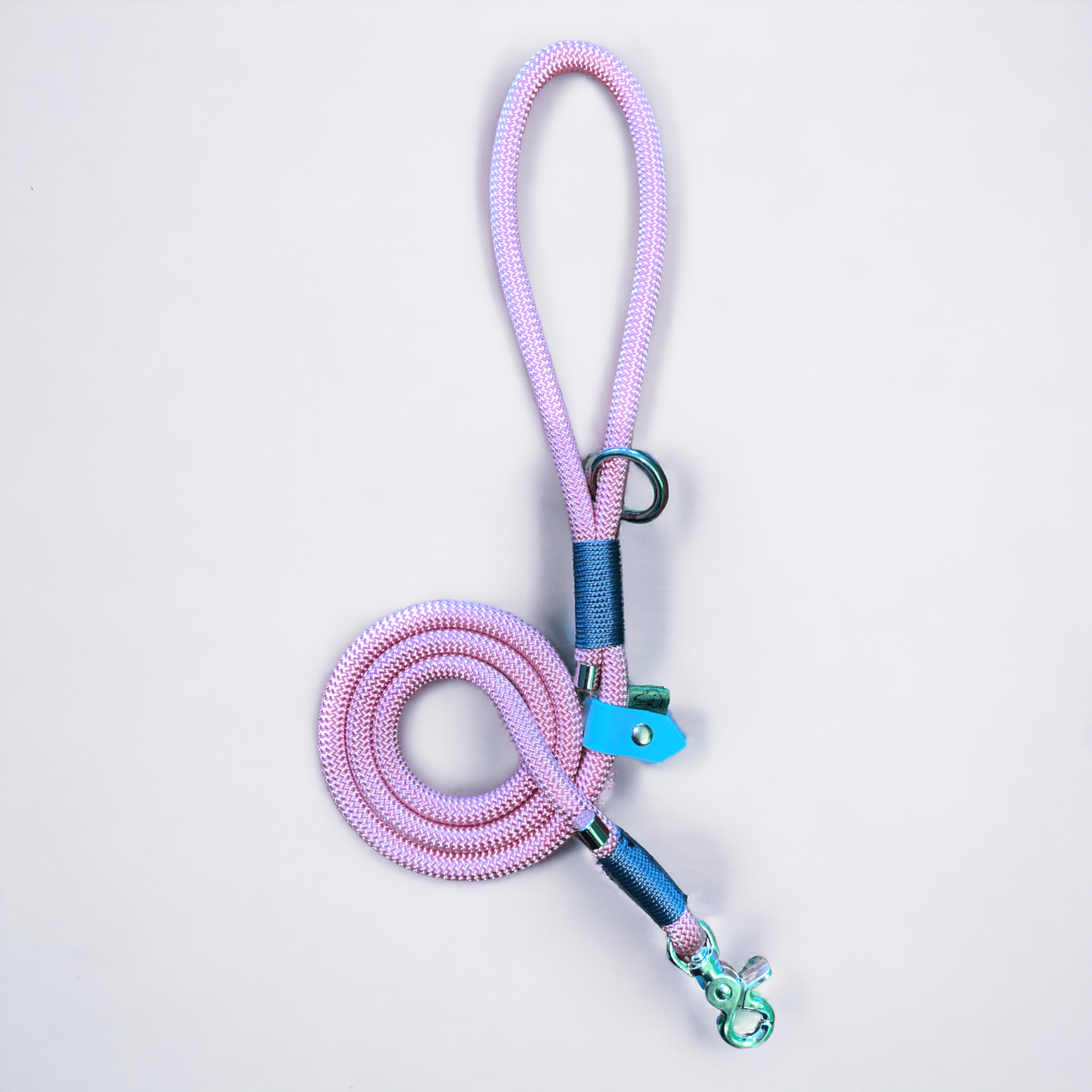 Handmade pink rope dog lead from the Cotton Candy personalised dog collar and lead set, featuring pastel blue BioThane slider and nickel hardware.