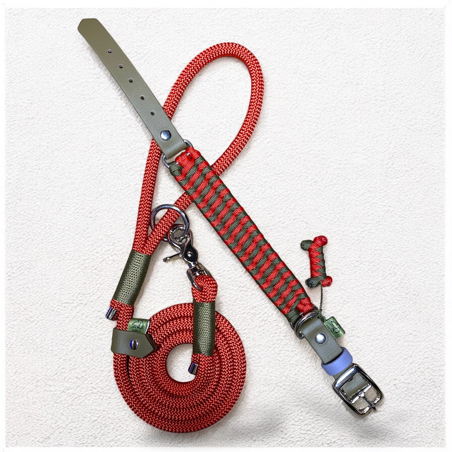 Ranger Red personalised dog collar and lead set featuring a 120cm red rope lead and adjustable cord collar with BioThane strap.