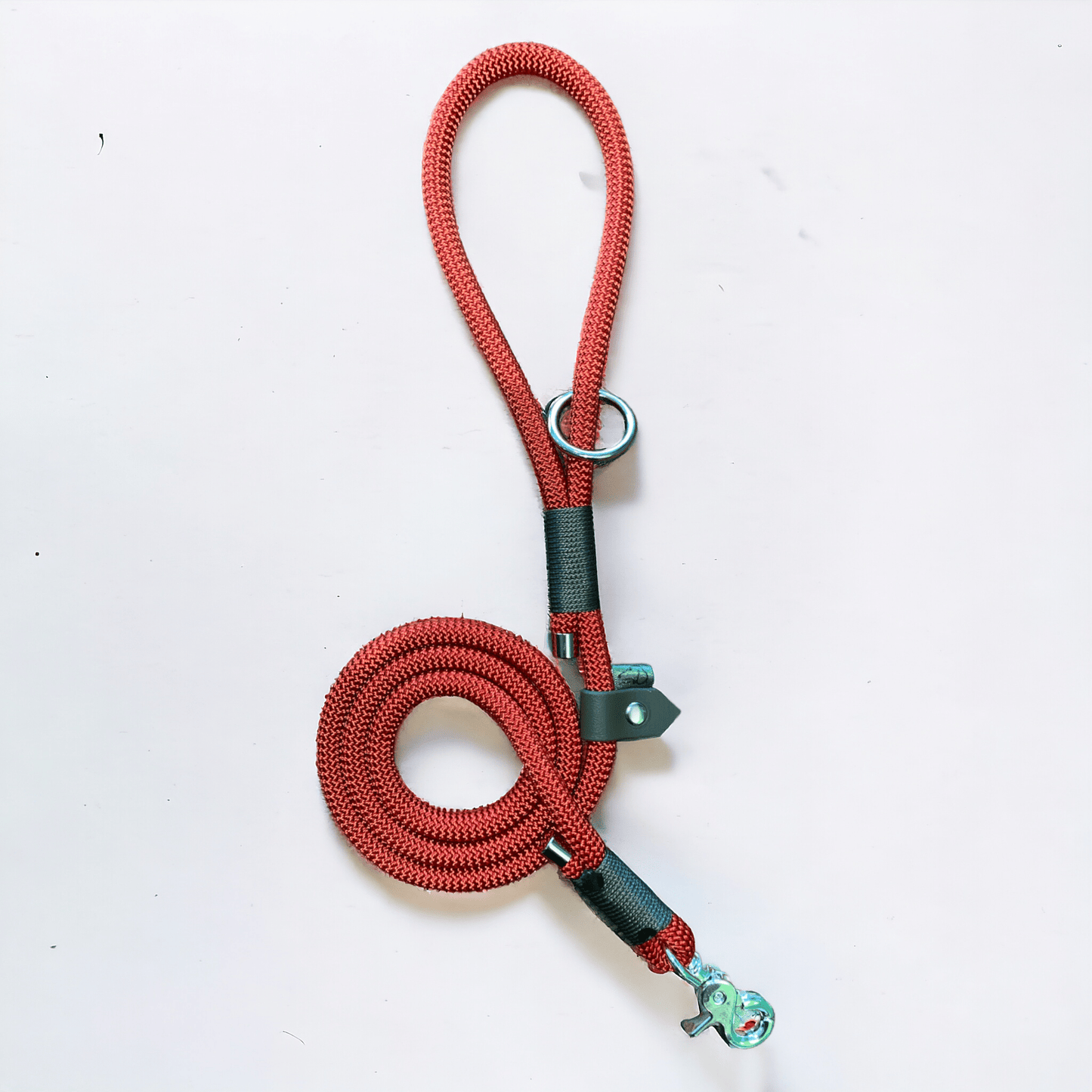 Handmade red rope dog lead from the Ranger Red personalised dog collar and lead set, featuring nickel hardware and BioThane slider.