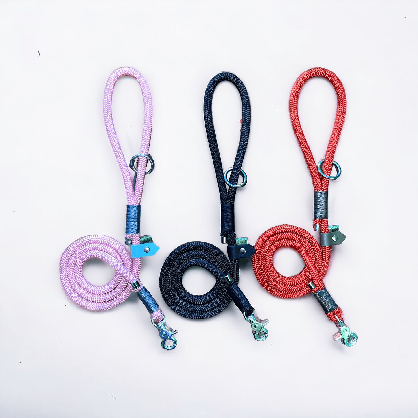 A selection of 3 customised rope dog leads, showcasing different colours and design options.