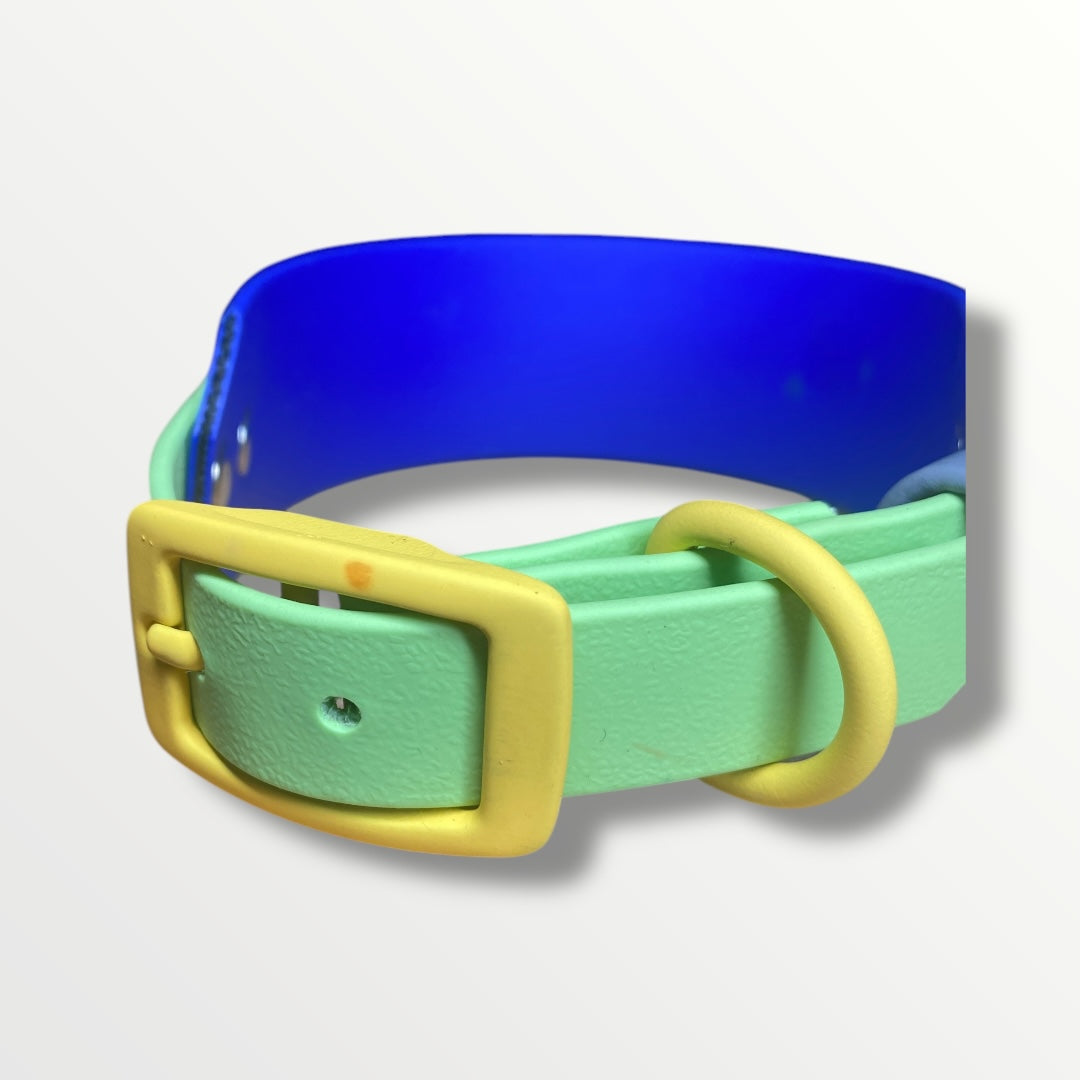 Close-up view of the small mark on the buckle of the pastel green and blue BioThane® sighthound collar.