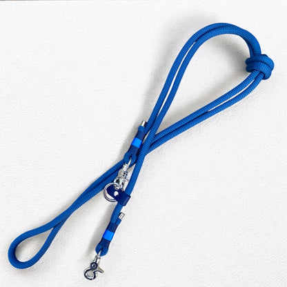 Full view of the Sunny Sky Hands-Free Dog Lead, featuring Petrol Blue 10mm rope, navy and blue nano bindings, nickel hardware, and a navy BioThane adjustable slider with a nickel O-ring.