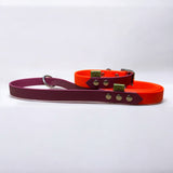 Two tone BioThane dog collar and lead in Neon Orange and Maroon with nickel hardware