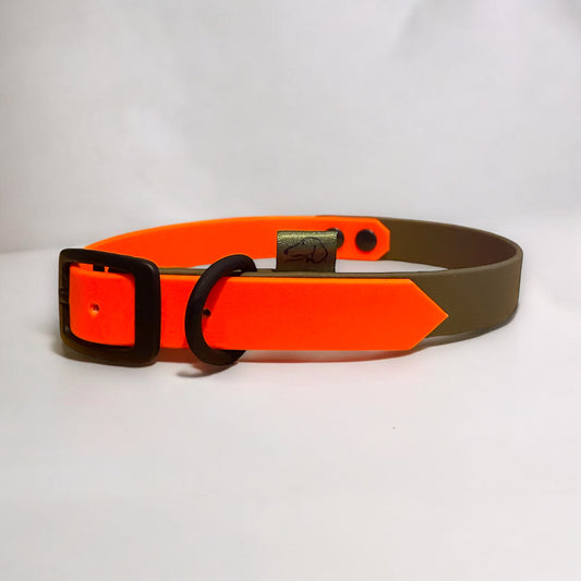 The Oxford BioThane Dog Collar. Two Tone in neon orange and military green.