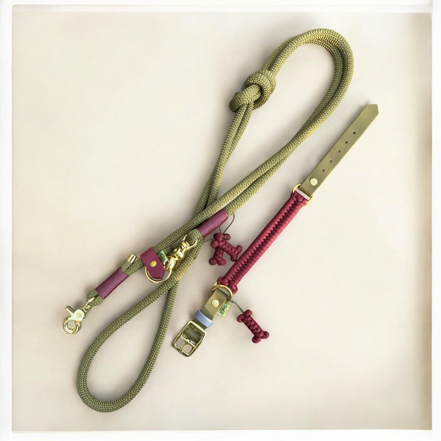 Luxury British dog collar and hands free dog lead in military green and maroon, handcrafted by Green Dog.