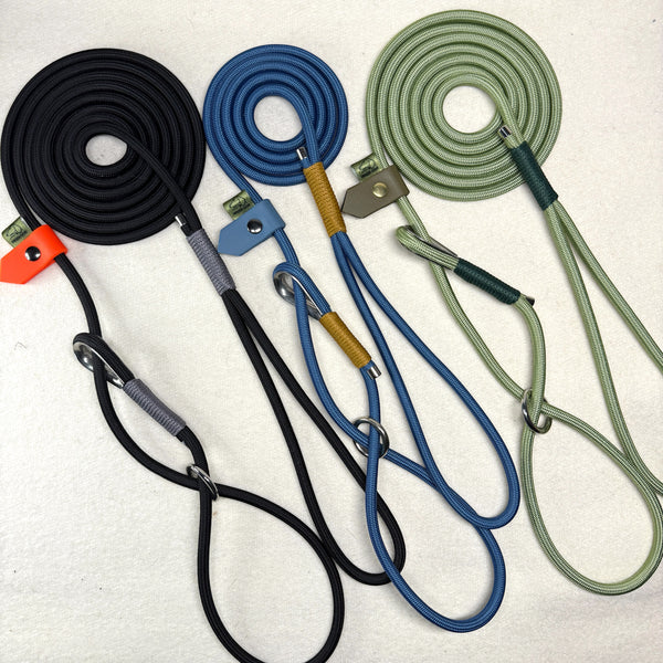Black figure of 8 slip lead for dogs with a petrol blue variation and a guac rope figure of 8 slip lead designed by customers
