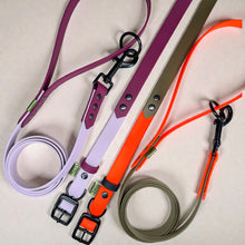 BioThane dog collars with matching leads, flat lay: Pastel Purple and Maroon set, Neon Orange and Military Green set, black hardware.