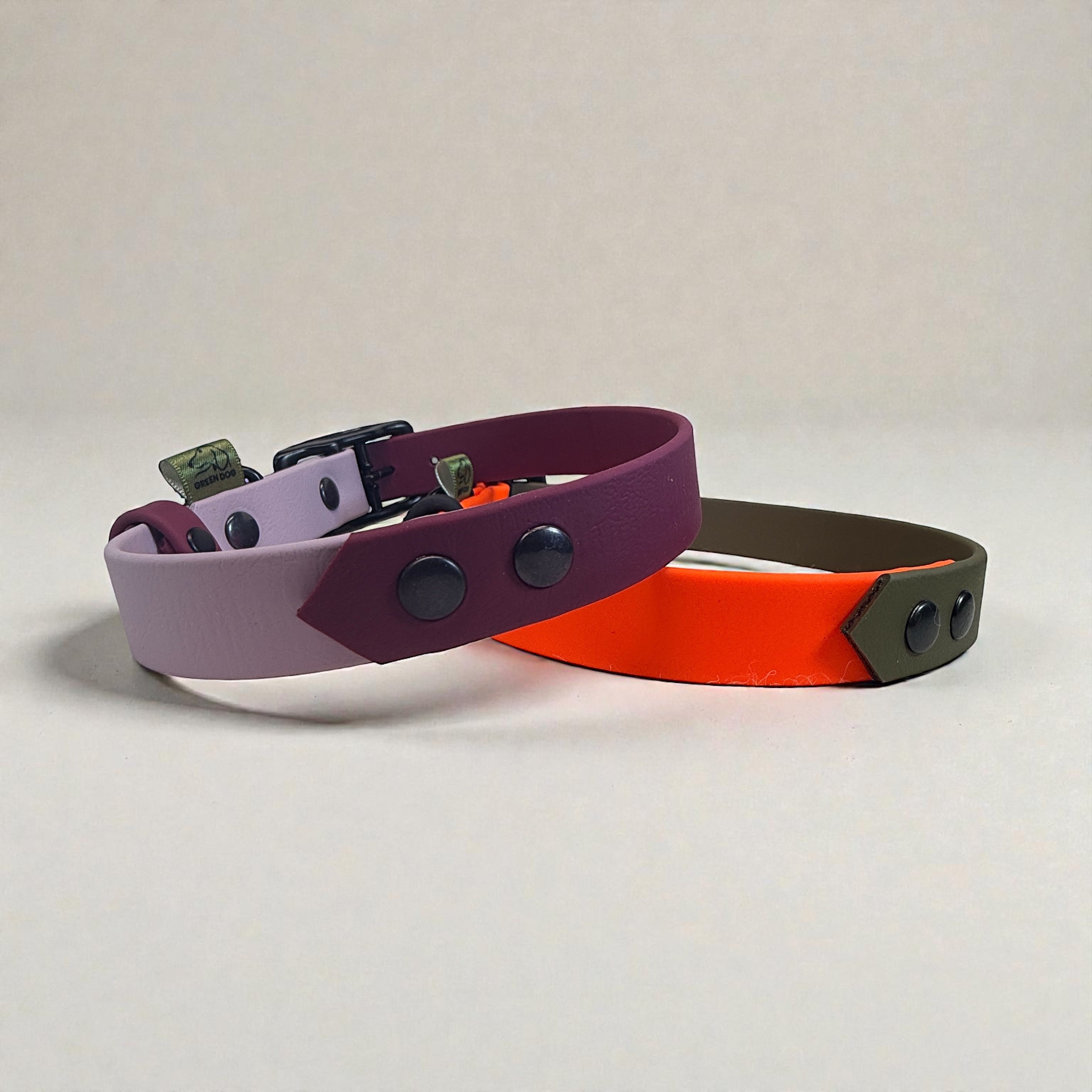 BioThane dog collars in Pastel Purple and Maroon, plus Neon Orange and Military Green, with black hardware, back detail view.