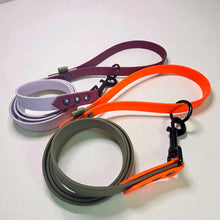 Waterproof BioThane dog leads in Pastel Purple and Maroon, plus Neon Orange and Military Green, shown coiled with black hardware and matching collars