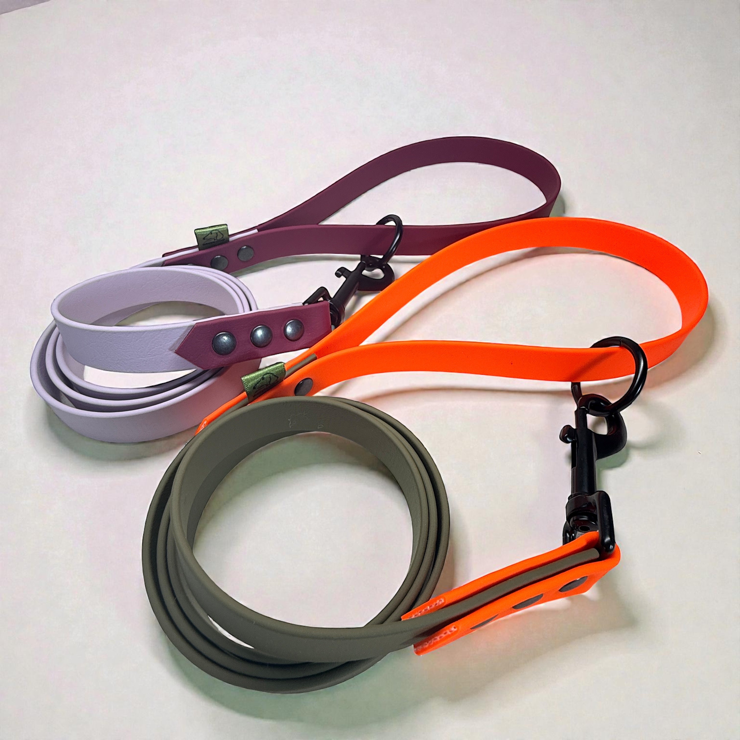 Waterproof BioThane dog leads in Pastel Purple and Maroon, plus Neon Orange and Military Green, shown coiled with black hardware and matching collars