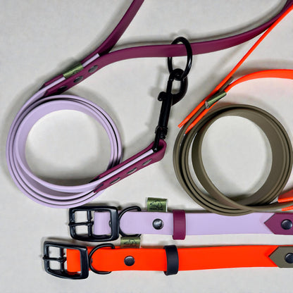 BioThane dog leads flat lay with black hardware in Pastel Purple and Maroon, plus Neon Orange and Military Green, with matching collars.