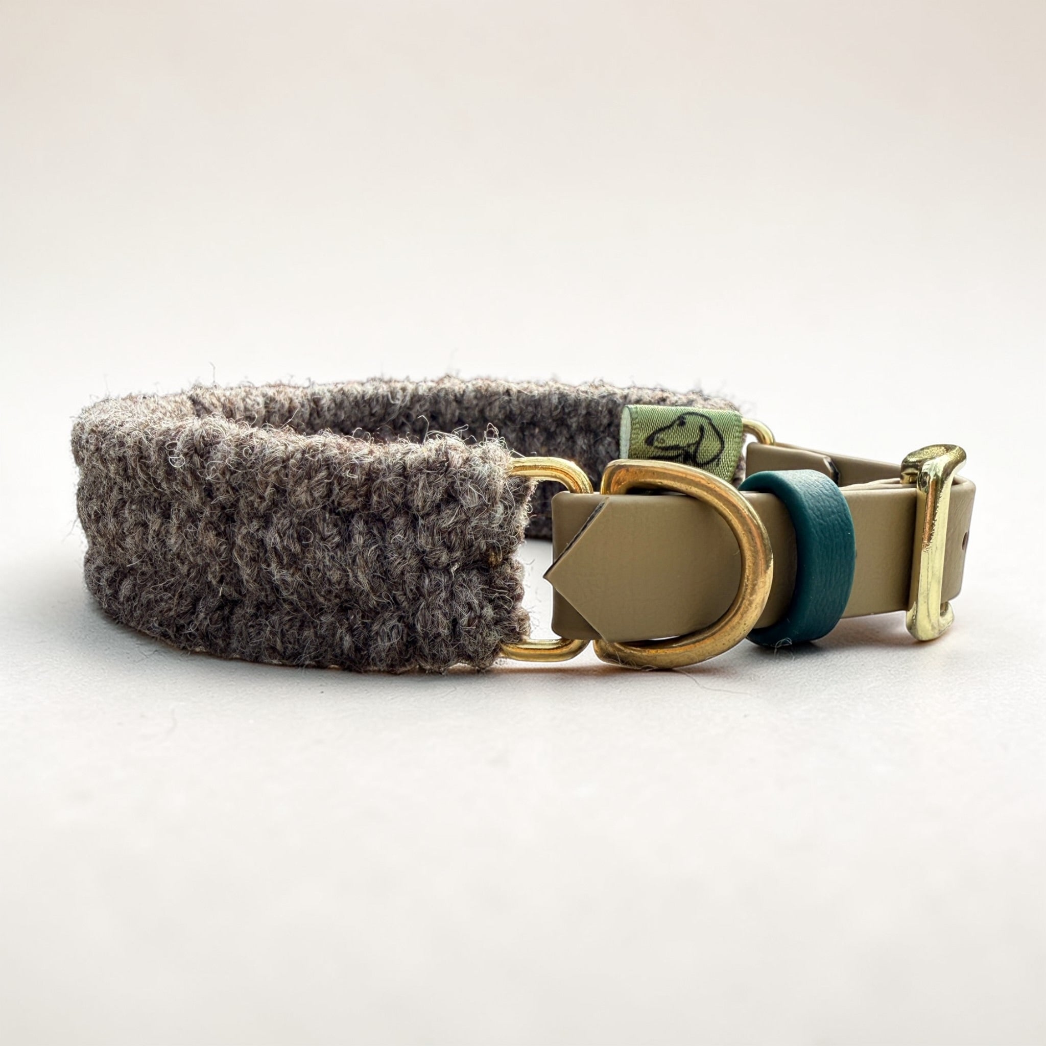 Brampton Wool & BioThane hybrid dog collar — grey Brampton wool weave body, beige BioThane adjustable strap, teal keeper and solid brass hardware, Sheep Shed Hybrid collection handmade in Oxford by Green Dog