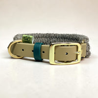 Brampton Hybrid collar showing solid brass roller buckle, beige BioThane strap and teal keeper — grey Brampton wool weave body, handmade in Oxford by Green Dog