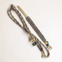 Flat lay of the Brampton Hybrid collar and chestnut rope lead set — Sheep Shed Hybrid collection, grey Brampton wool, beige and teal BioThane detailing, solid brass hardware, handmade in Oxford by Green Dog