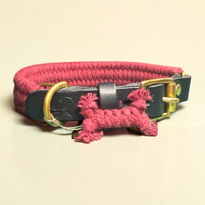 Burgundy handmade braided cotton rope dog collar with dark leather strap, brass buckle, brass D-ring and Green Dog branded leather patch with matching rope dog charm figure