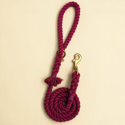 Burgundy handmade cotton rope dog lead coiled flat lay, with solid brass snap clip, brass O-ring, Green Dog charm tag and matching tassel end
