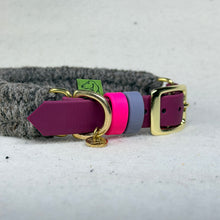 Brass roller buckle and twin BioThane keepers on the custom Brampton hybrid collar, charcoal British wool over a maroon adjustable strap