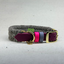 Custom Brampton hybrid dog collar in charcoal British wool on a maroon 19mm BioThane strap, with pink and grey collar keepers and solid brass hardware