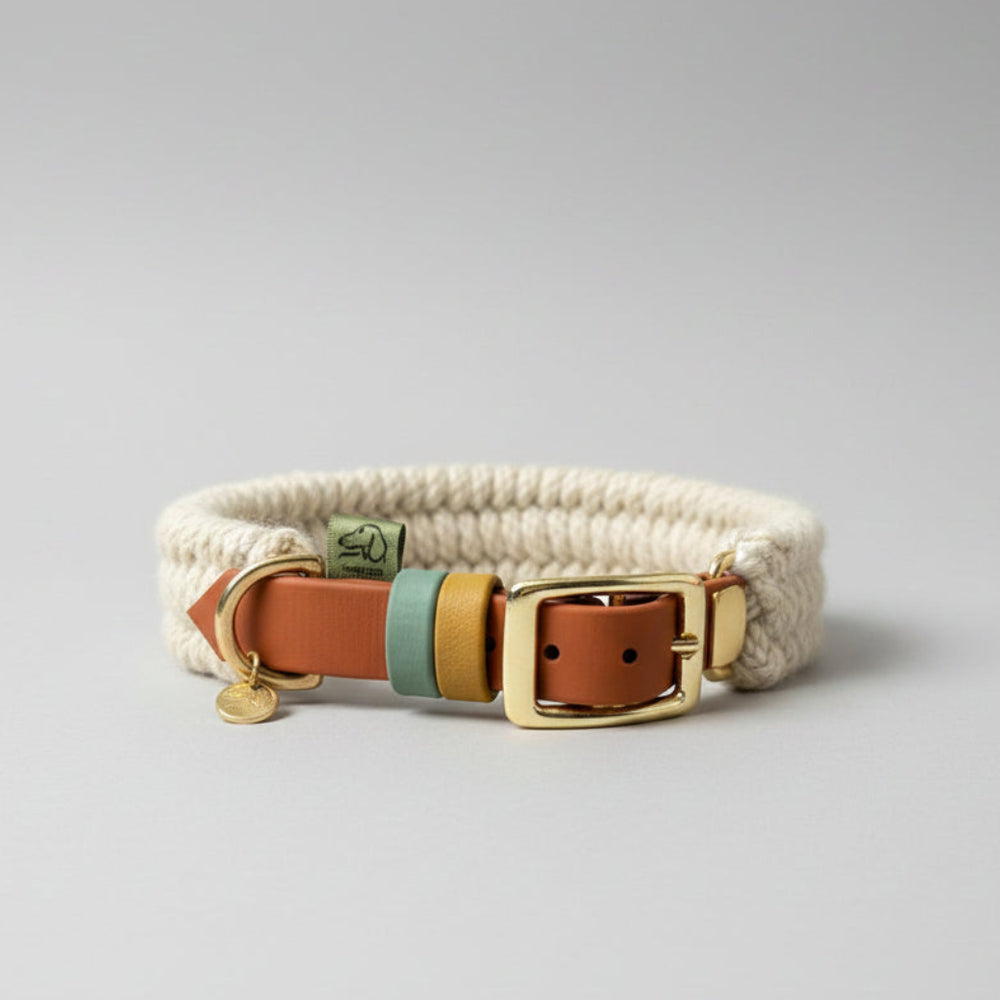 Custom Dingley hybrid dog collar in ecru British wool on a saddle brown 19mm BioThane strap, with sage green and gold collar keepers and solid brass hardware