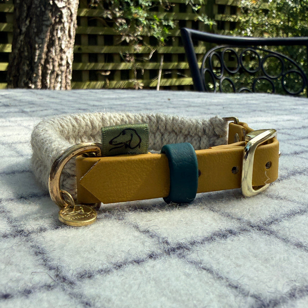 Custom Dingley Mini hybrid dog collar in ecru British wool on a 16mm BioThane adjustable strap, handmade in Britain for small breeds