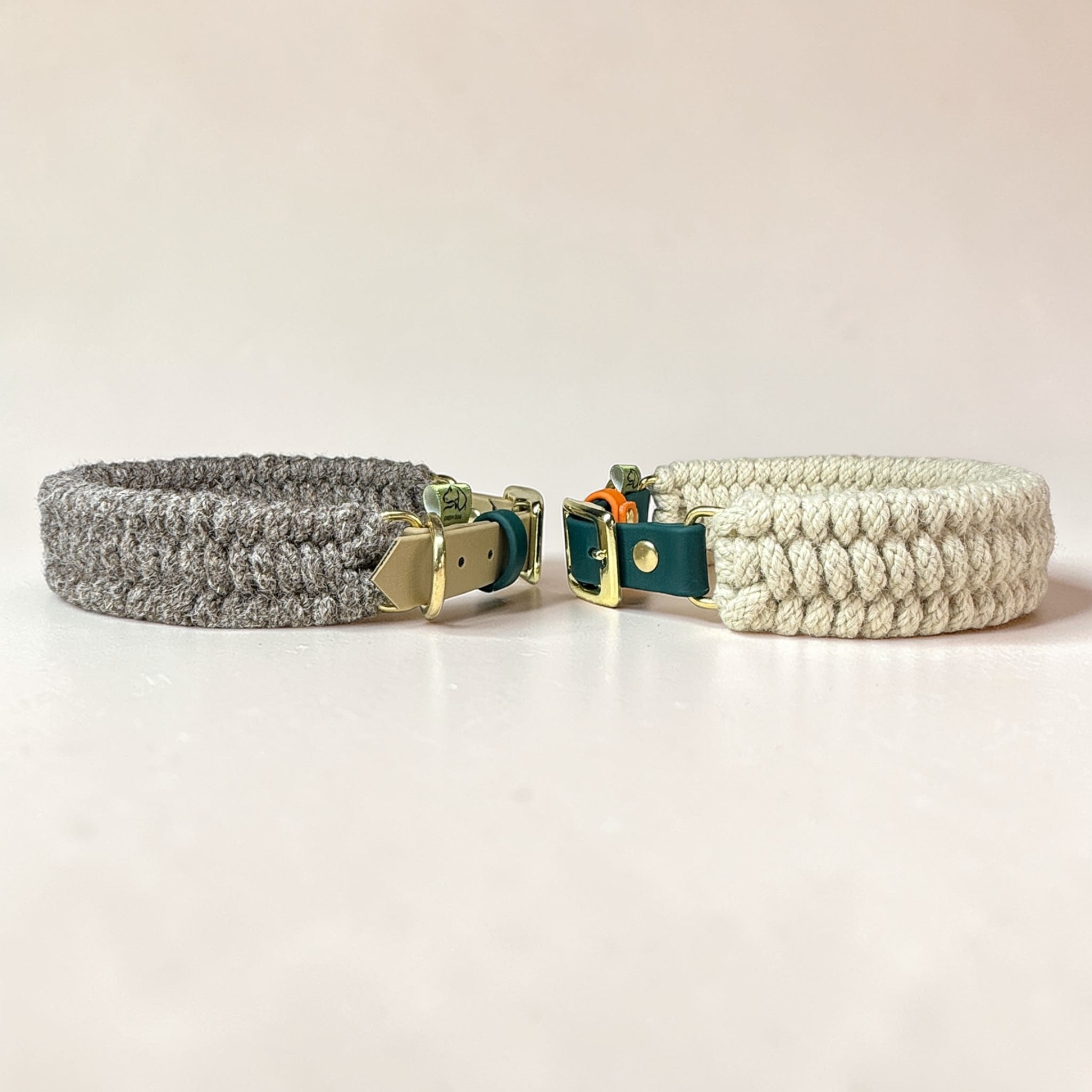 Brampton and Dingley Wool BioThane hybrid dog collars side by side — Sheep Shed Hybrid collection by Green Dog, British heritage wool weave with BioThane straps and solid brass hardware, handmade in Oxford