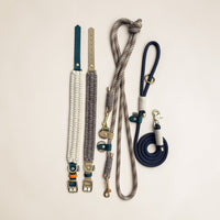 Dingley Hybrid rope lead and collar flat lay — Sheep Shed Hybrid collection by Green Dog, midnight blue rope, hunter green BioThane and Dingley wool, handmade in Oxford
