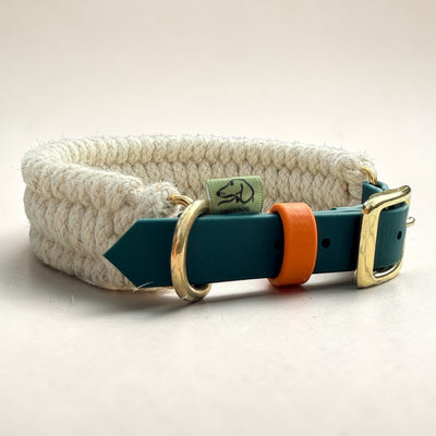 Dingley Wool & BioThane hybrid dog collar in cream wool weave with hunter green BioThane strap, orange collar keeper and solid brass hardware — Sheep Shed Hybrid collection, handmade in Oxford by Green Dog